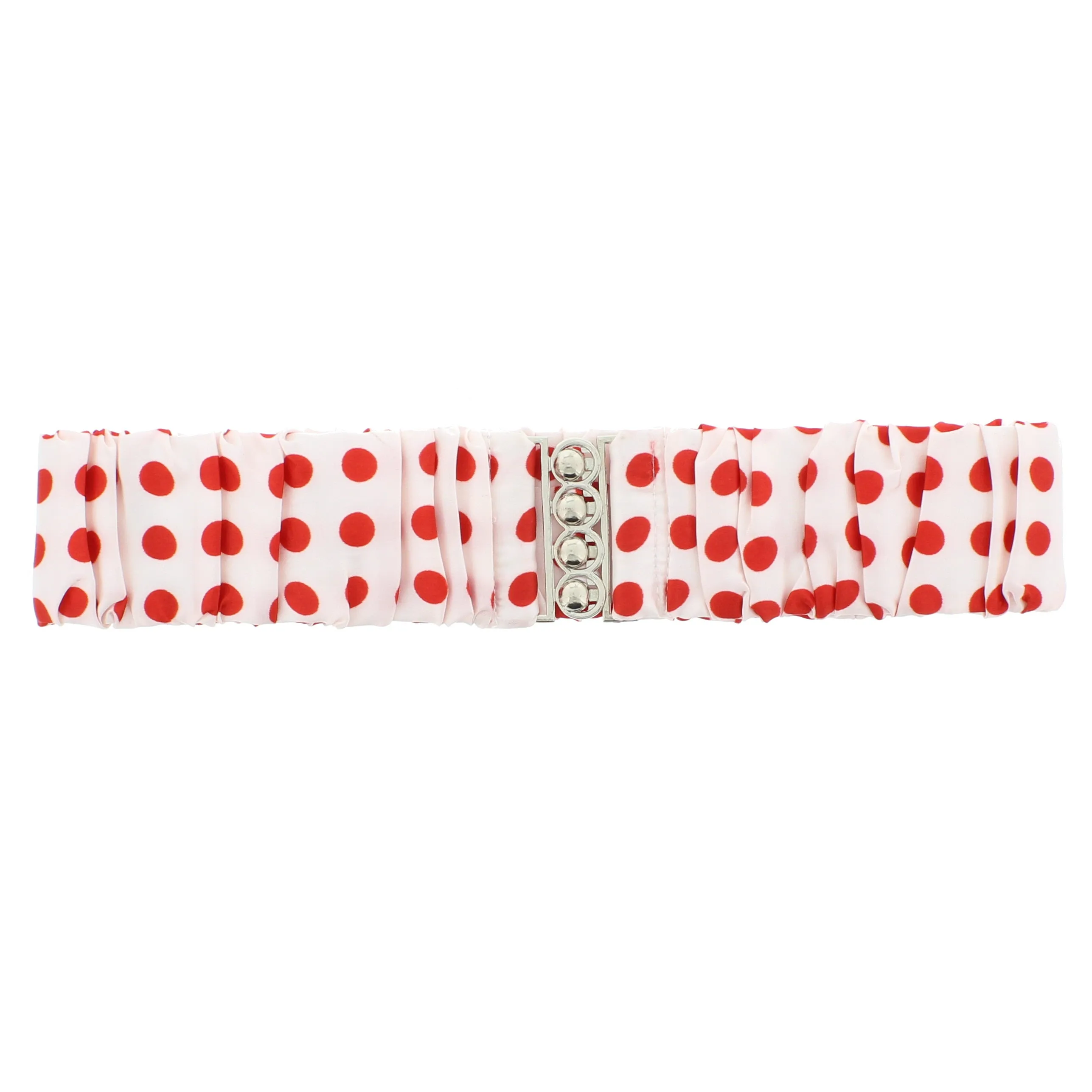 5.8cm Polka Dots on White Ruched Satin Elasticated Waist Belt with Clasp Fastening