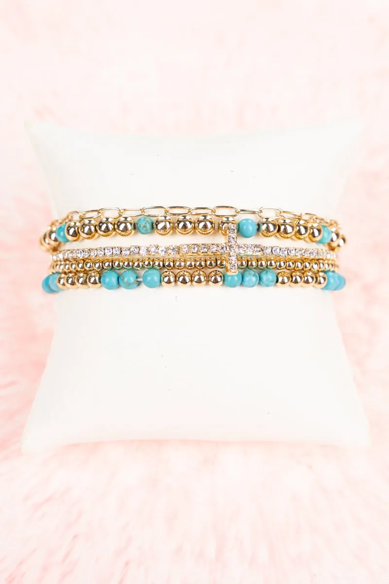 Beatriz Turquoise Goldtone Beaded and Cross Bracelet Set