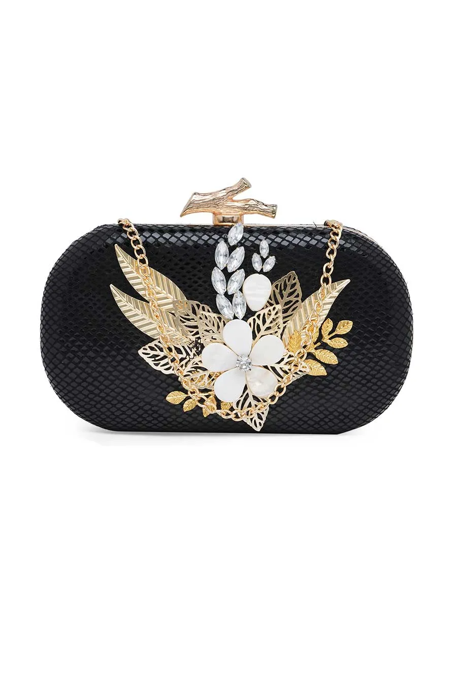 Black Embellished Leather Clutch