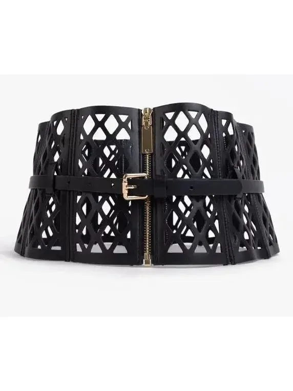 Black Leather Laser Cut-Out Corset Belt