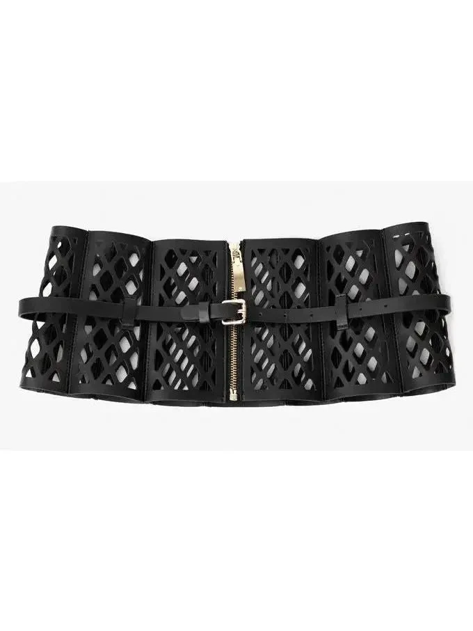 Black Leather Laser Cut-Out Corset Belt