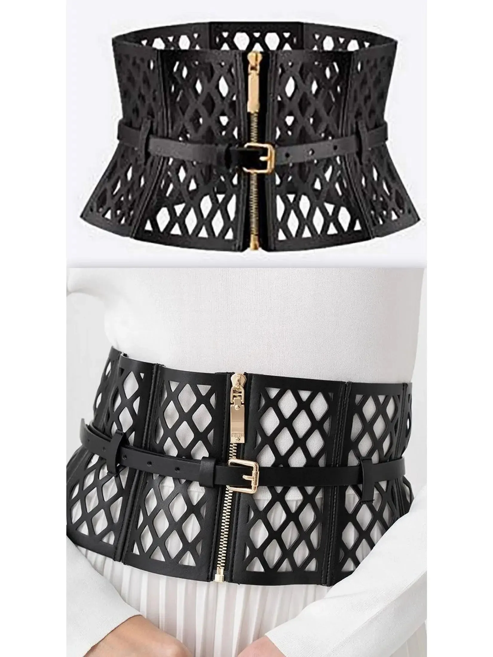 Black Leather Laser Cut-Out Corset Belt