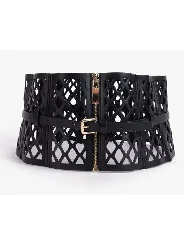 Black Leather Laser Cut-Out Corset Belt