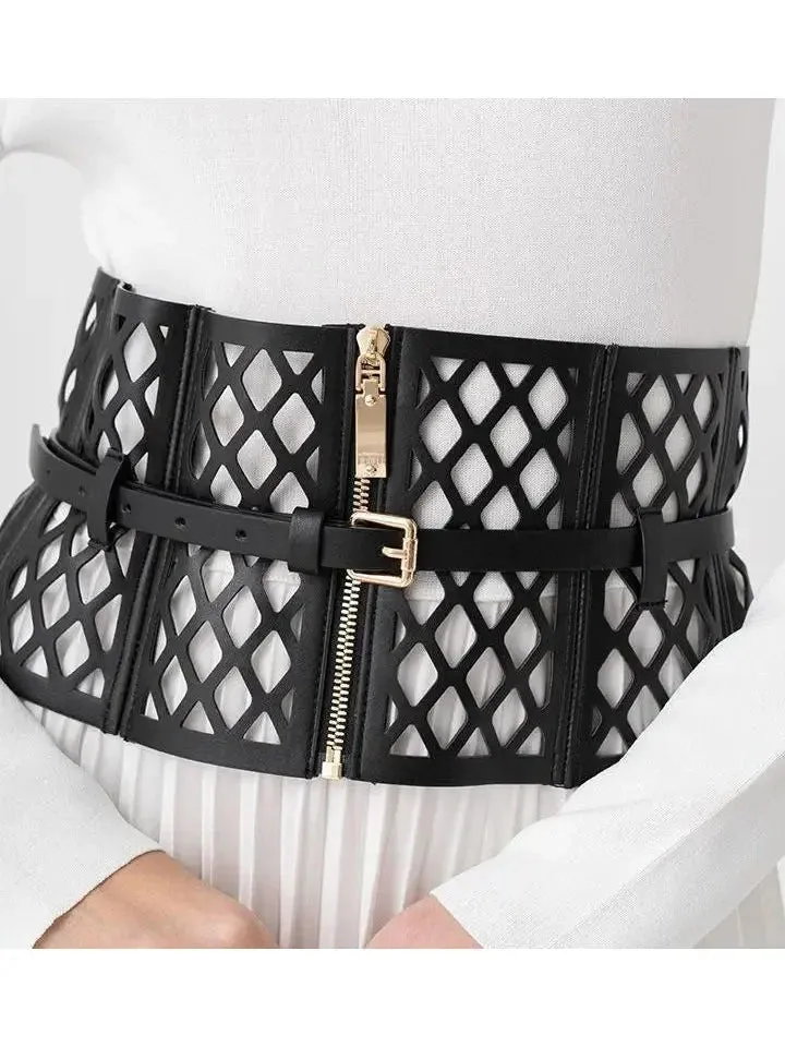 Black Leather Laser Cut-Out Corset Belt