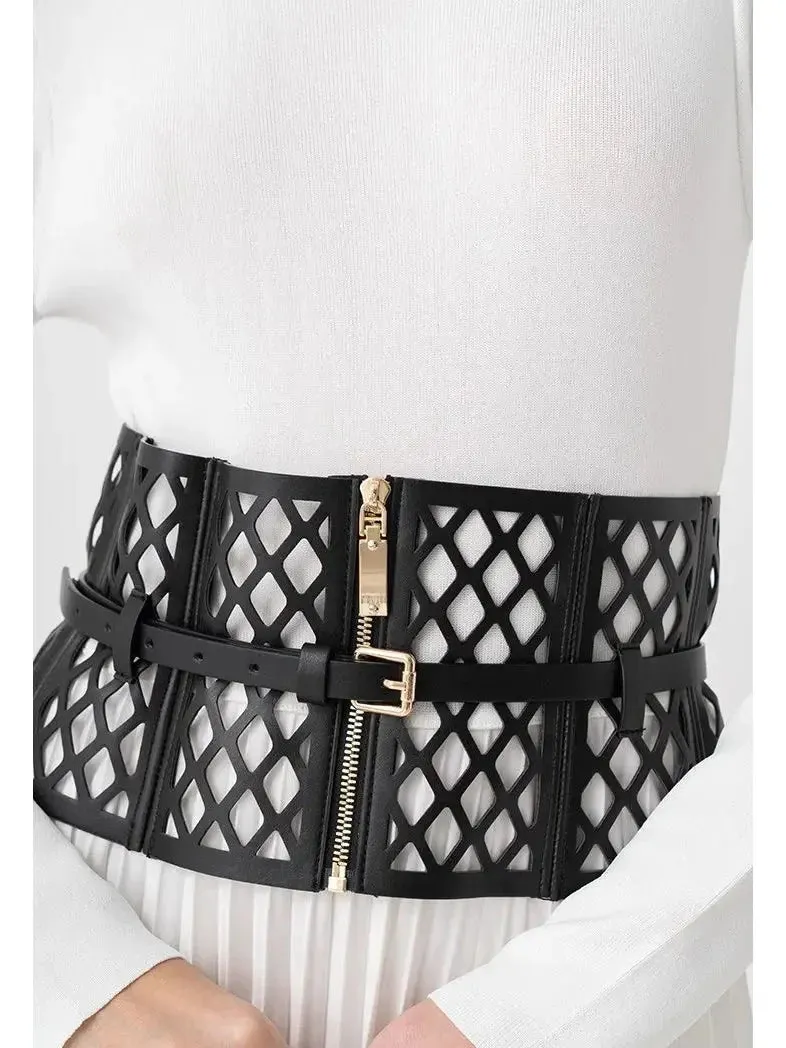 Black Leather Laser Cut-Out Corset Belt