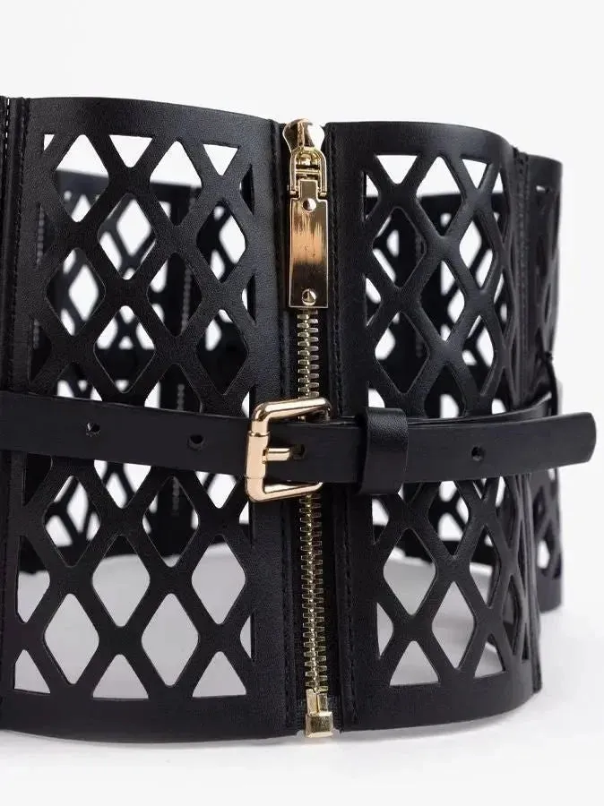 Black Leather Laser Cut-Out Corset Belt