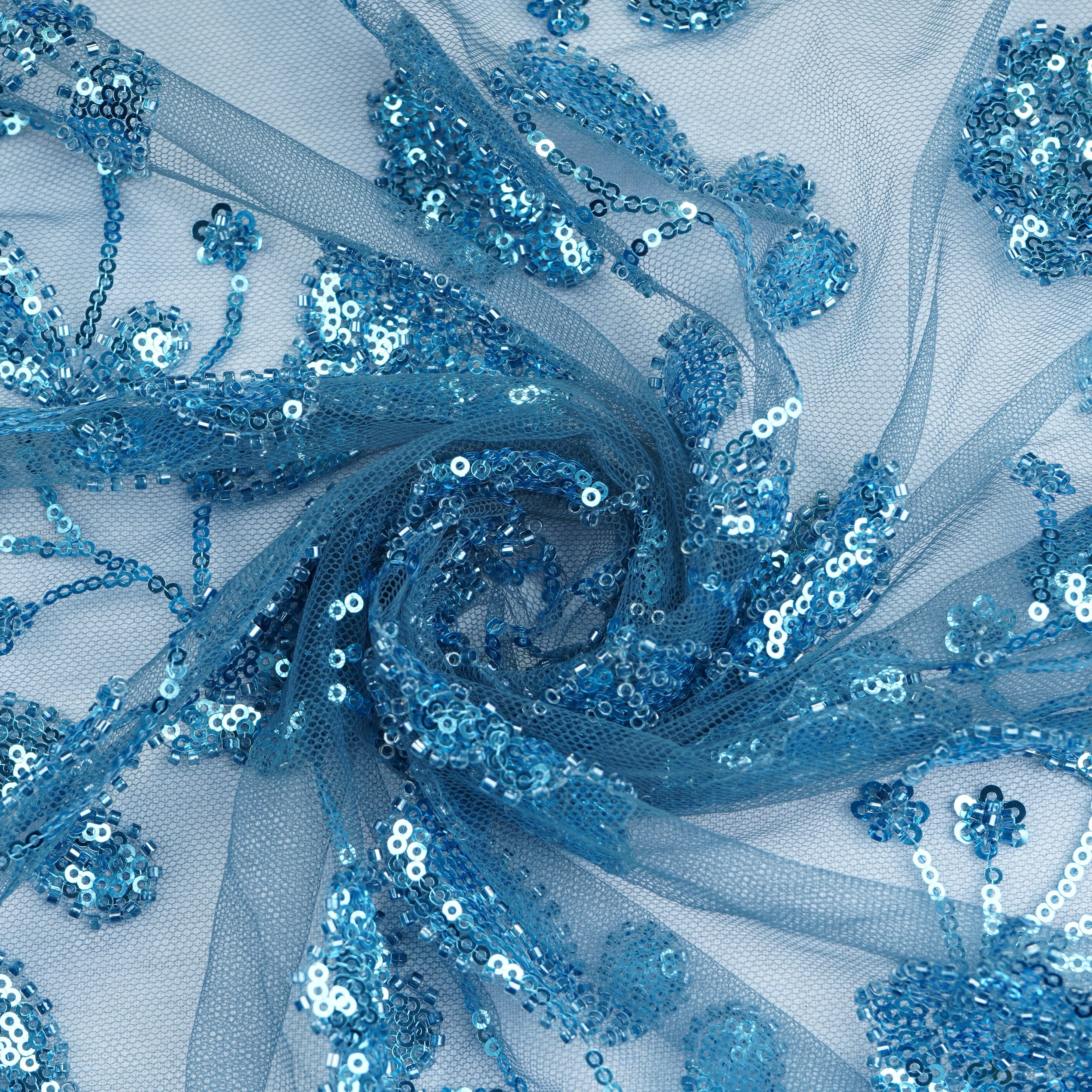 Blue Cutdana & Sequins Embroidery Net Fabric 21935