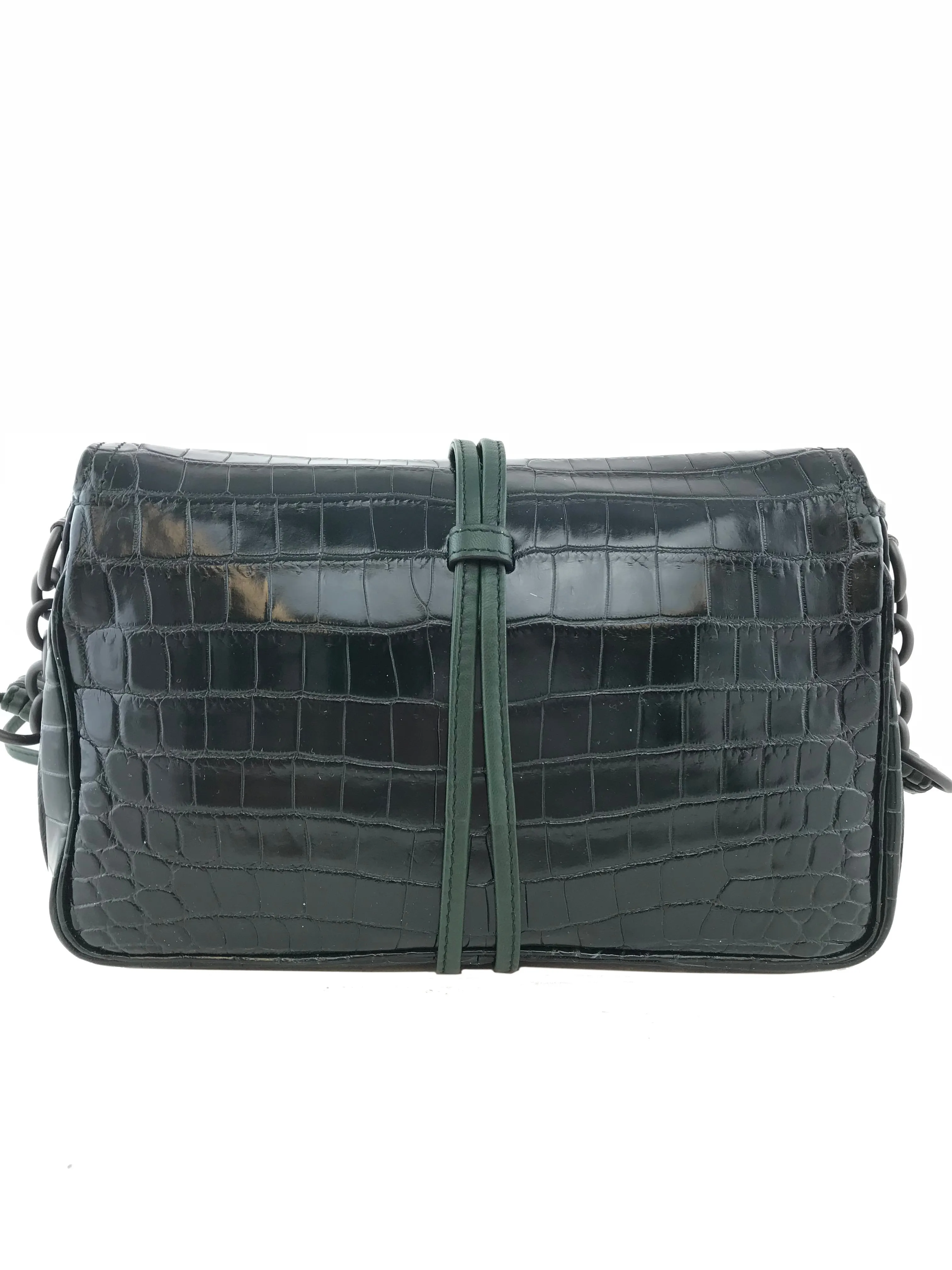 Bottega Veneta Dark Green Crocodile Flap Bag NEW