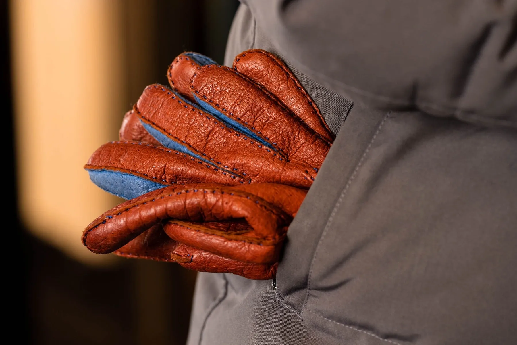 Brown & Blue Cashmere Lined Peccary Gloves