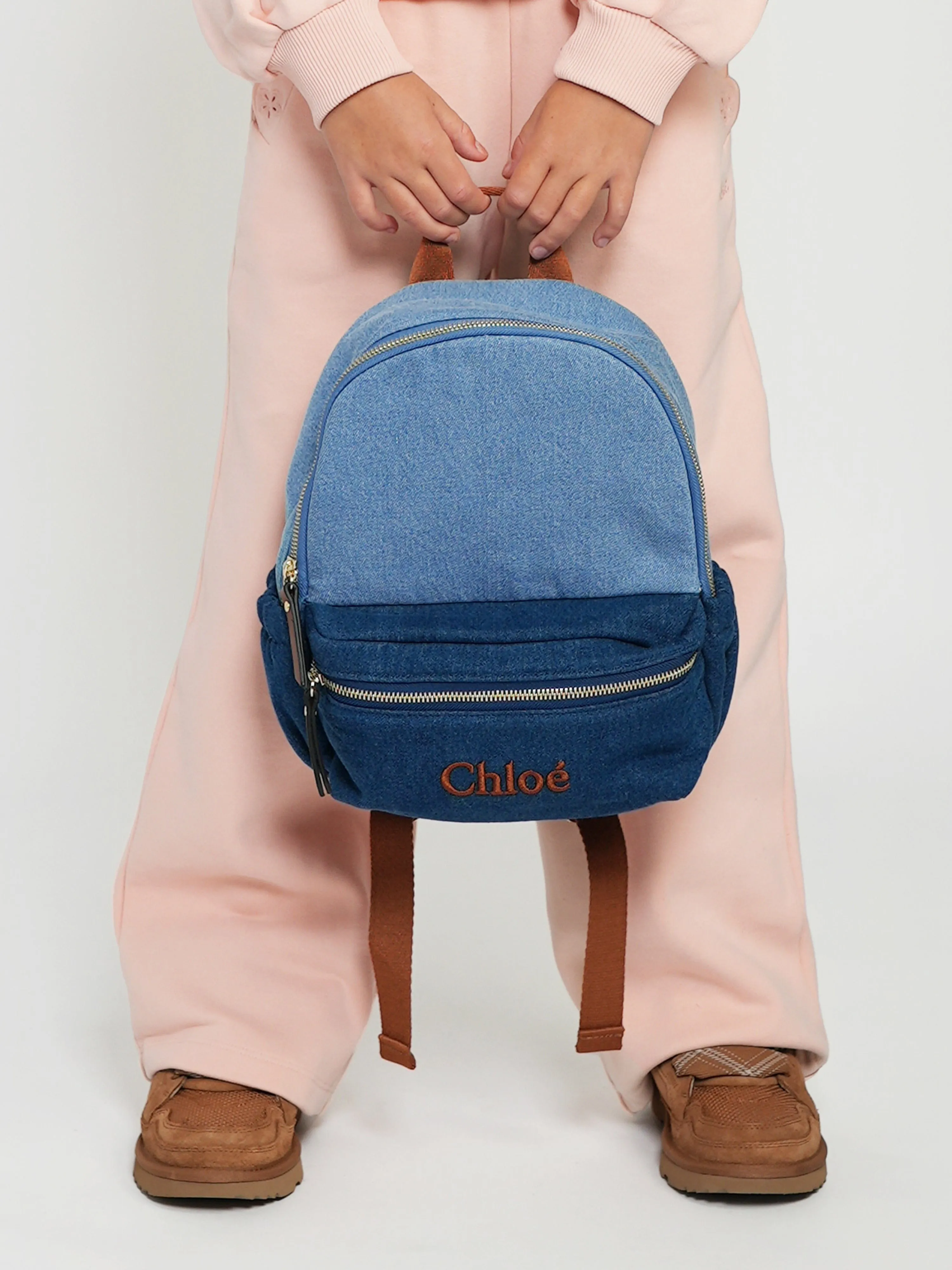 Chloé Girls Denim Logo Backpack in Blue (27cm)