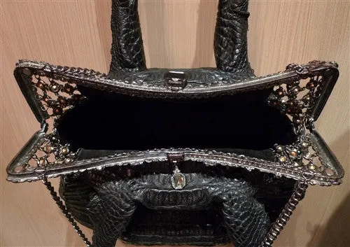 Clara Kasavina Black Crocodile Purse with Crystal Mesh and Frame