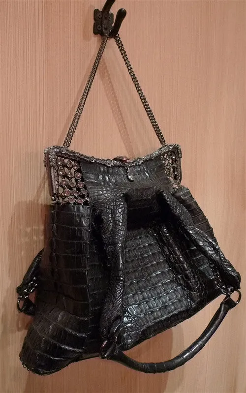 Clara Kasavina Black Crocodile Purse with Crystal Mesh and Frame