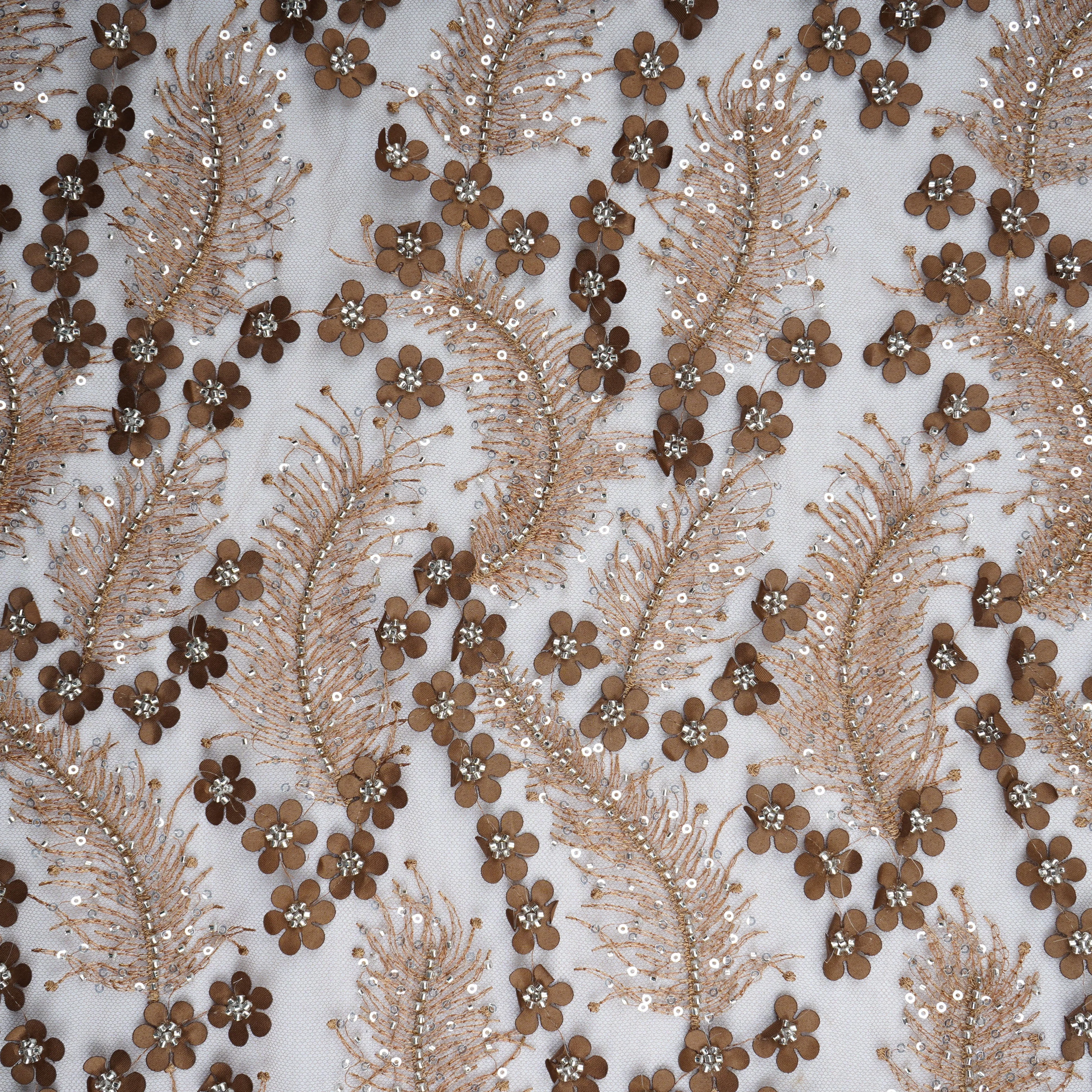 Coffee Brown Cutdana & Sequins Embroidery Net Fabric 21933