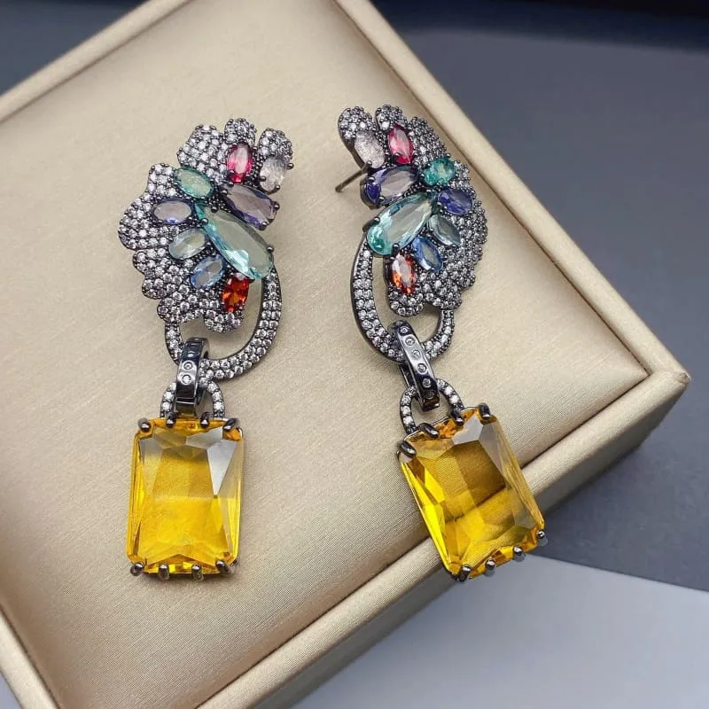 Colorful Zircon Precision Micro Inlaid Gold-toned Earrings