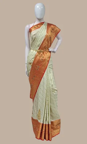 Cream Embroidered Pure Silk Bridal Sari