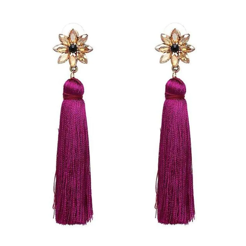 Crystal Flower Red Green Dangle Earrings With Black Purple Tassel Boho Earrings