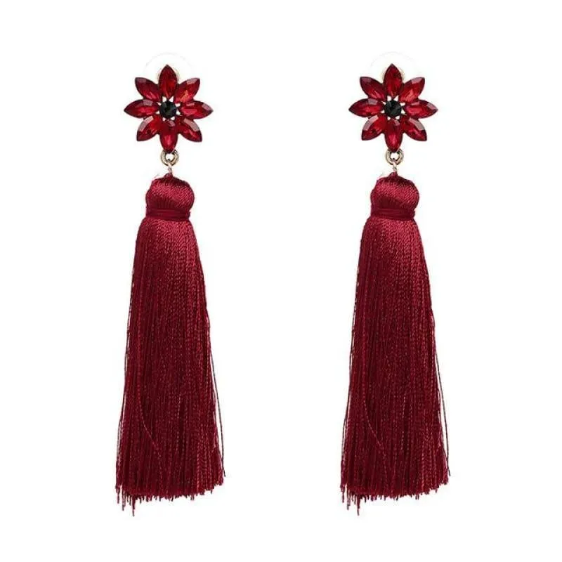 Crystal Flower Red Green Dangle Earrings With Black Purple Tassel Boho Earrings