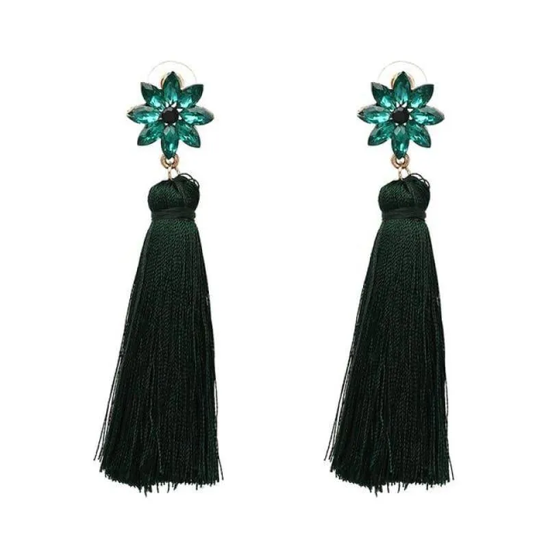 Crystal Flower Red Green Dangle Earrings With Black Purple Tassel Boho Earrings