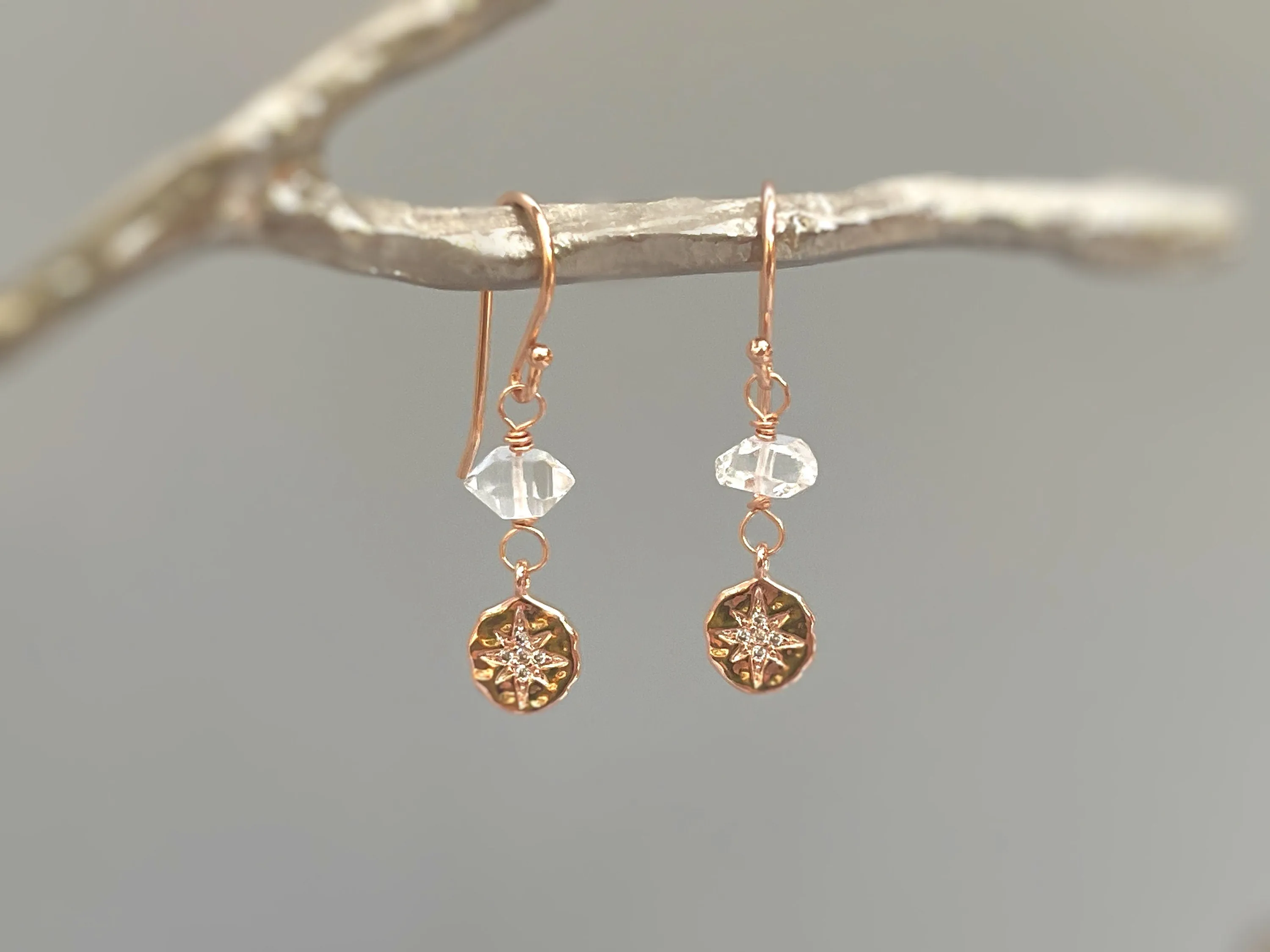 Dainty Herkimer Diamond North Star crystal earrings in Rose Gold