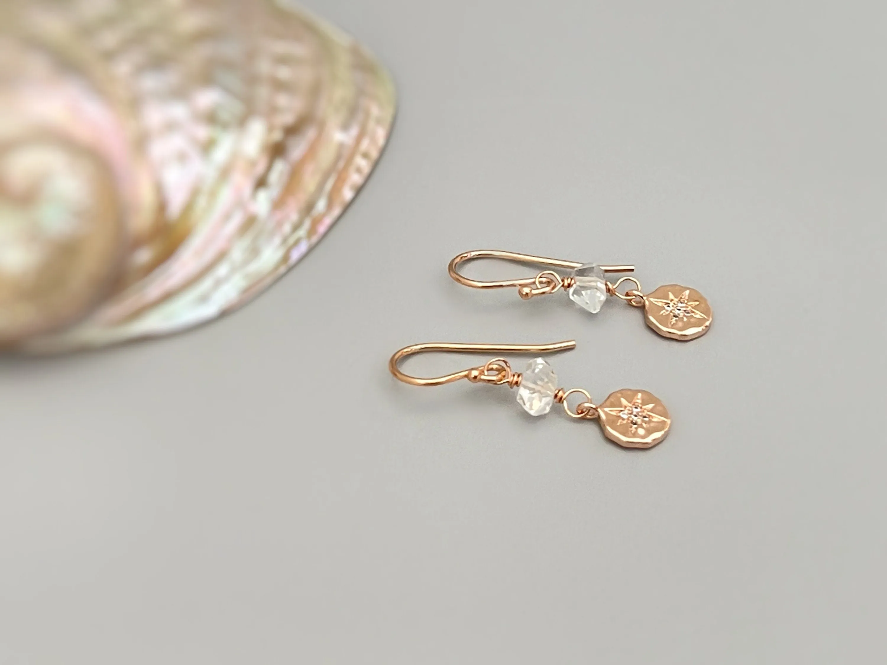 Dainty Herkimer Diamond North Star crystal earrings in Rose Gold