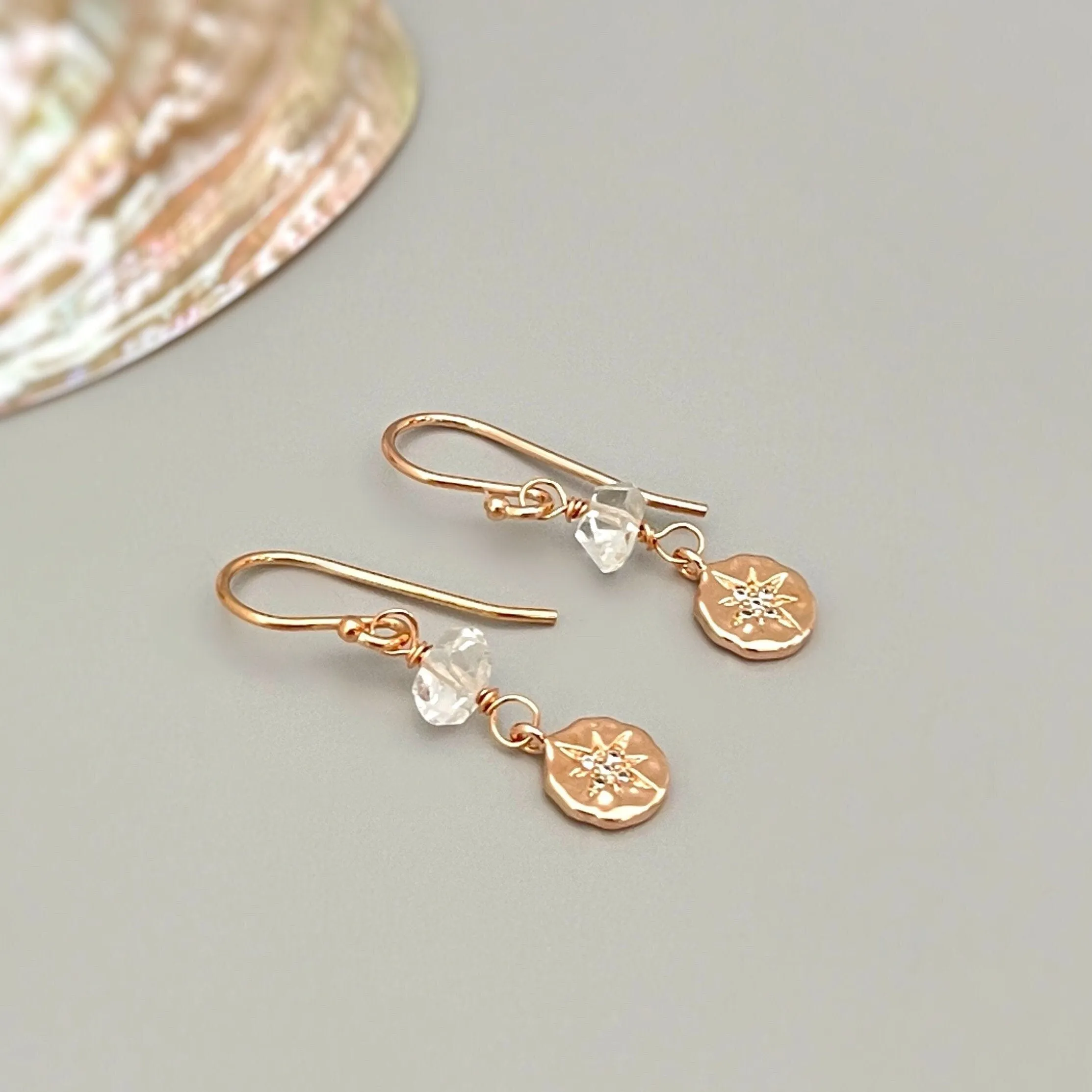 Dainty Herkimer Diamond North Star crystal earrings in Rose Gold