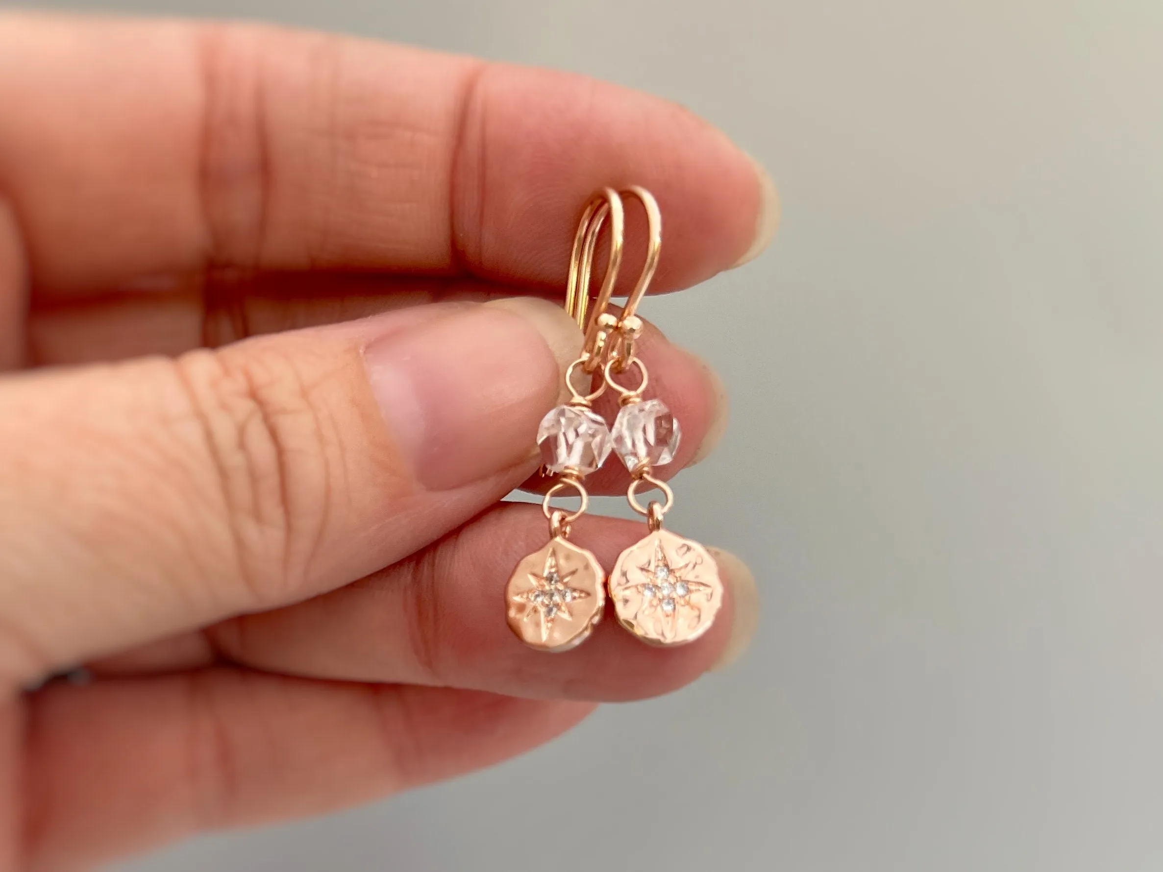 Dainty Herkimer Diamond North Star crystal earrings in Rose Gold