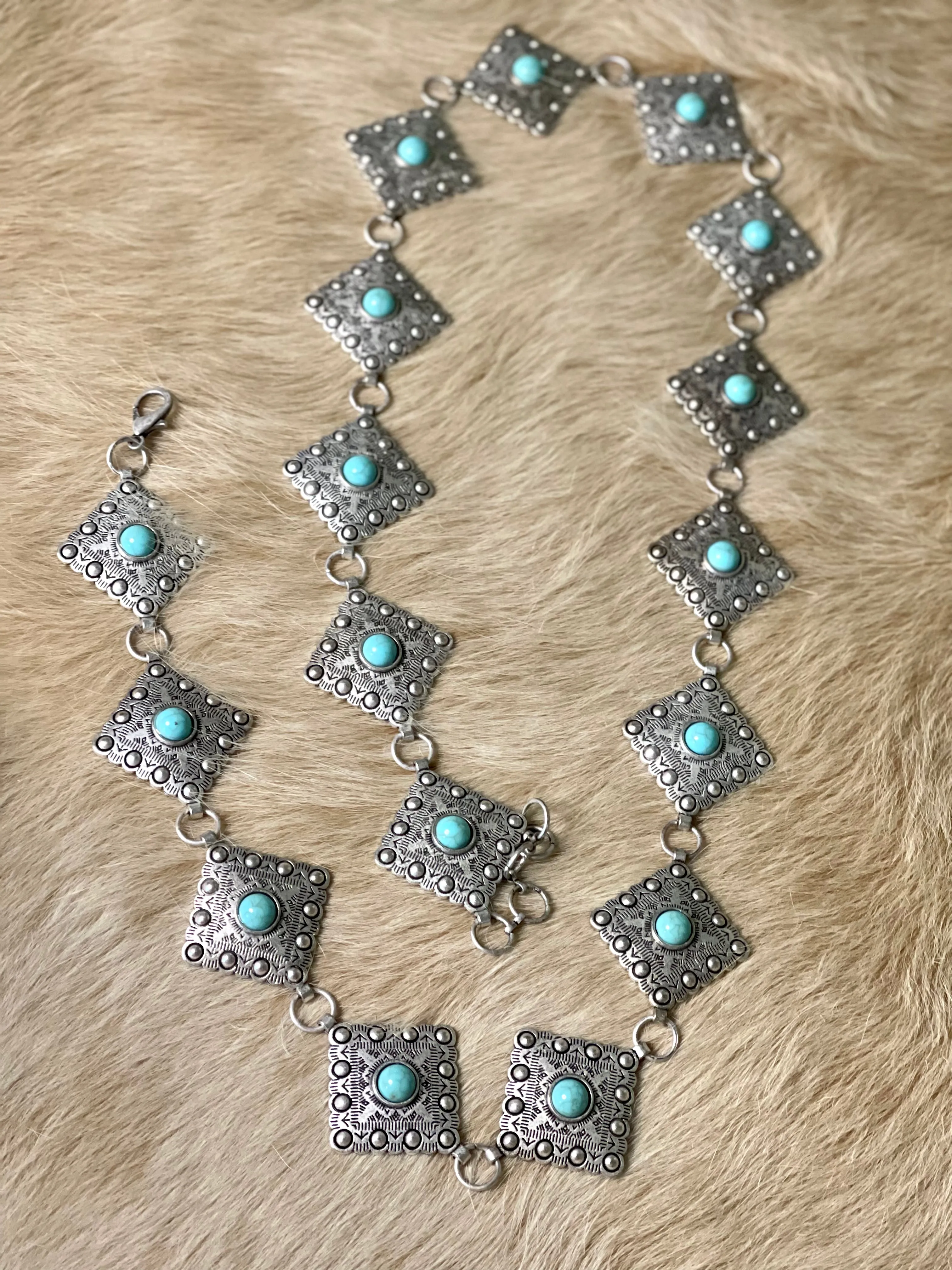 Diamond Shape Concho Belt w/ Turquoise Center