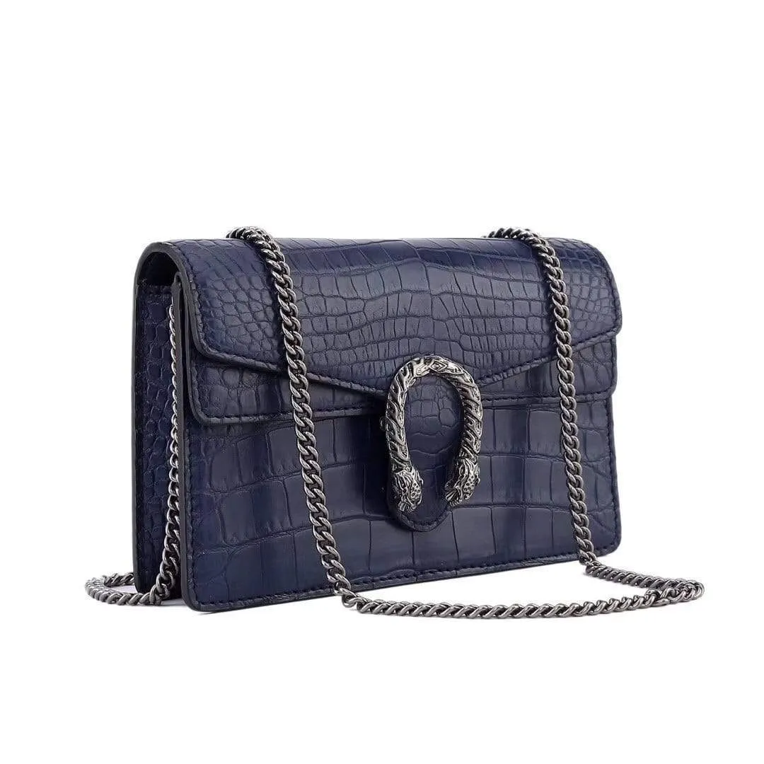 Genuine Crocodile Belly Leather Flap Cross body Messenger Mini Chain Bag Dark Blue