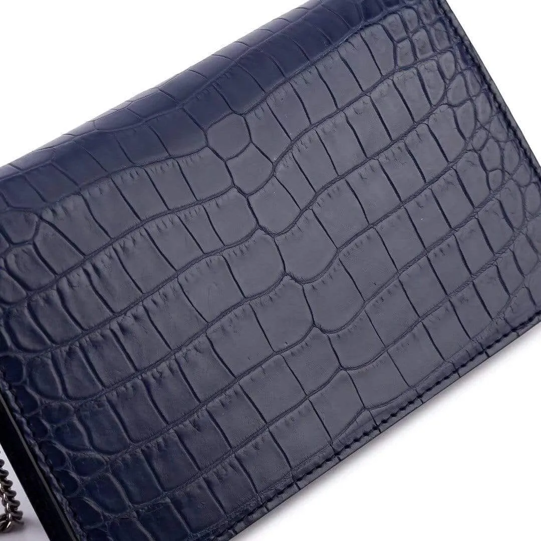 Genuine Crocodile Belly Leather Flap Cross body Messenger Mini Chain Bag Dark Blue