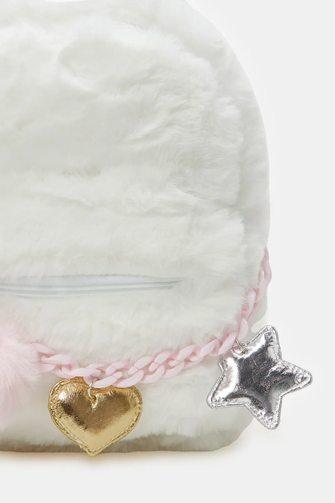 Girls White Colour Character Faux Fur Backpack