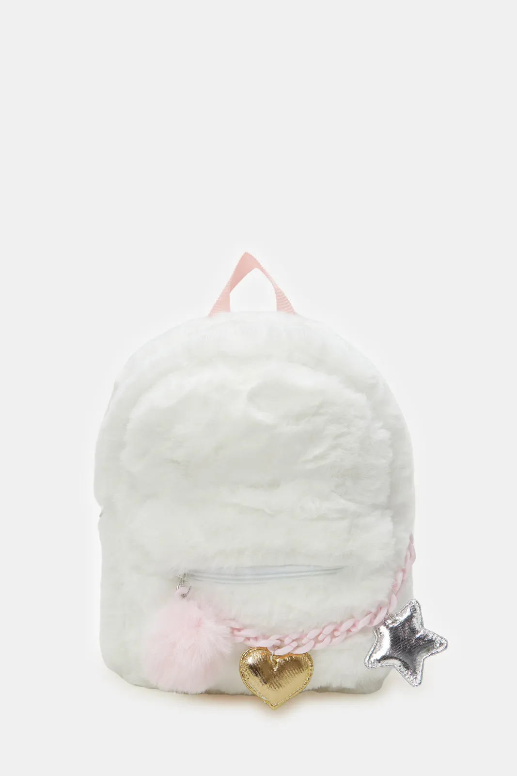 Girls White Colour Character Faux Fur Backpack