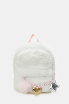 Girls White Colour Character Faux Fur Backpack