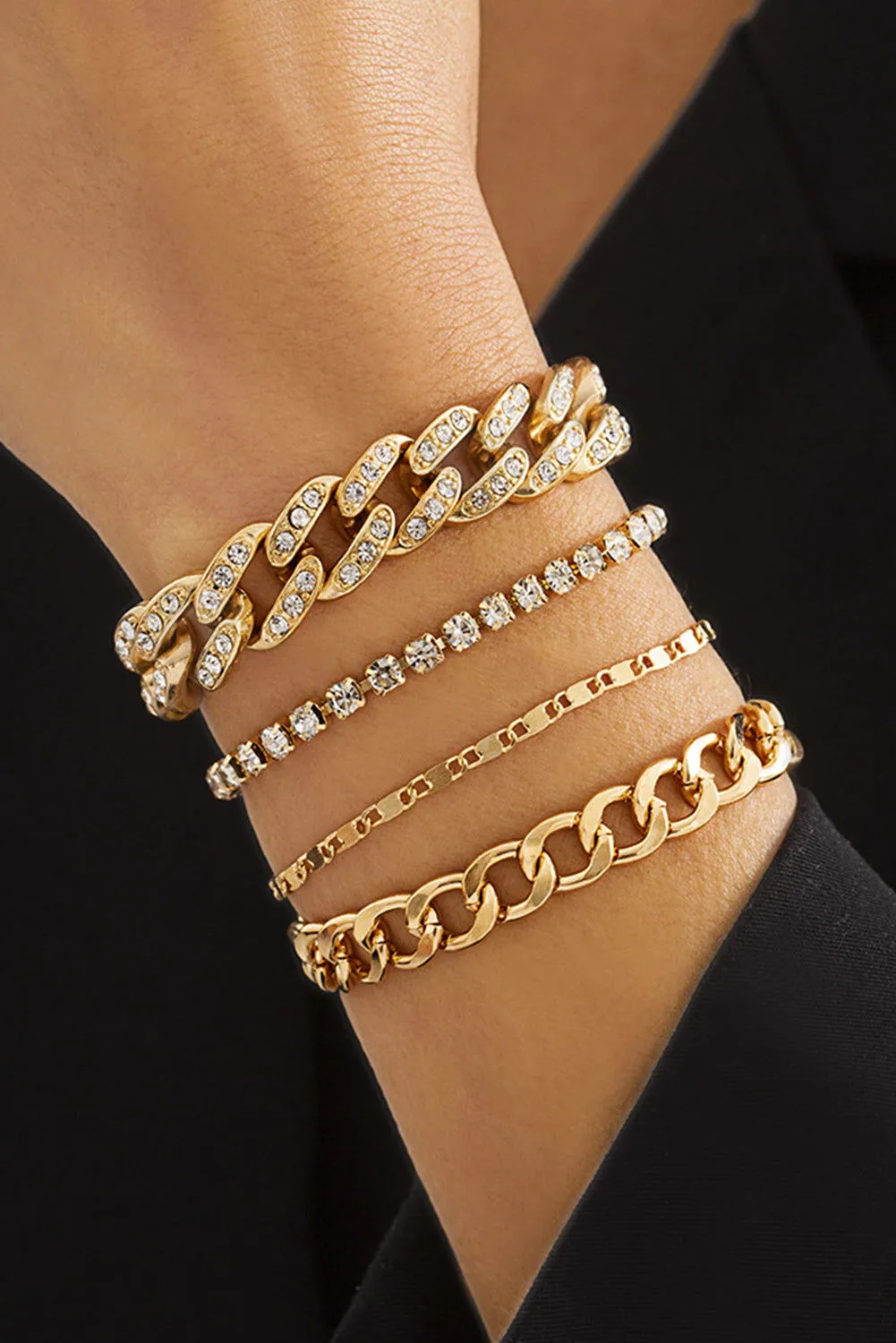 Gold 4pcs Rhinestone Decor Adjustable Chain Bracelet Set