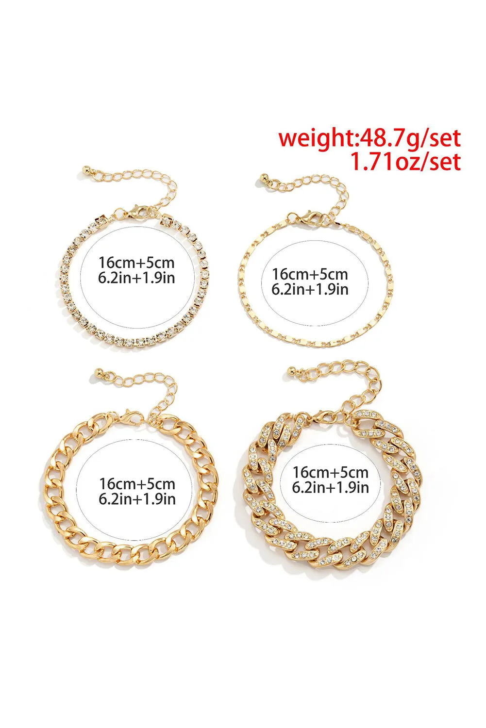 Gold 4pcs Rhinestone Decor Adjustable Chain Bracelet Set