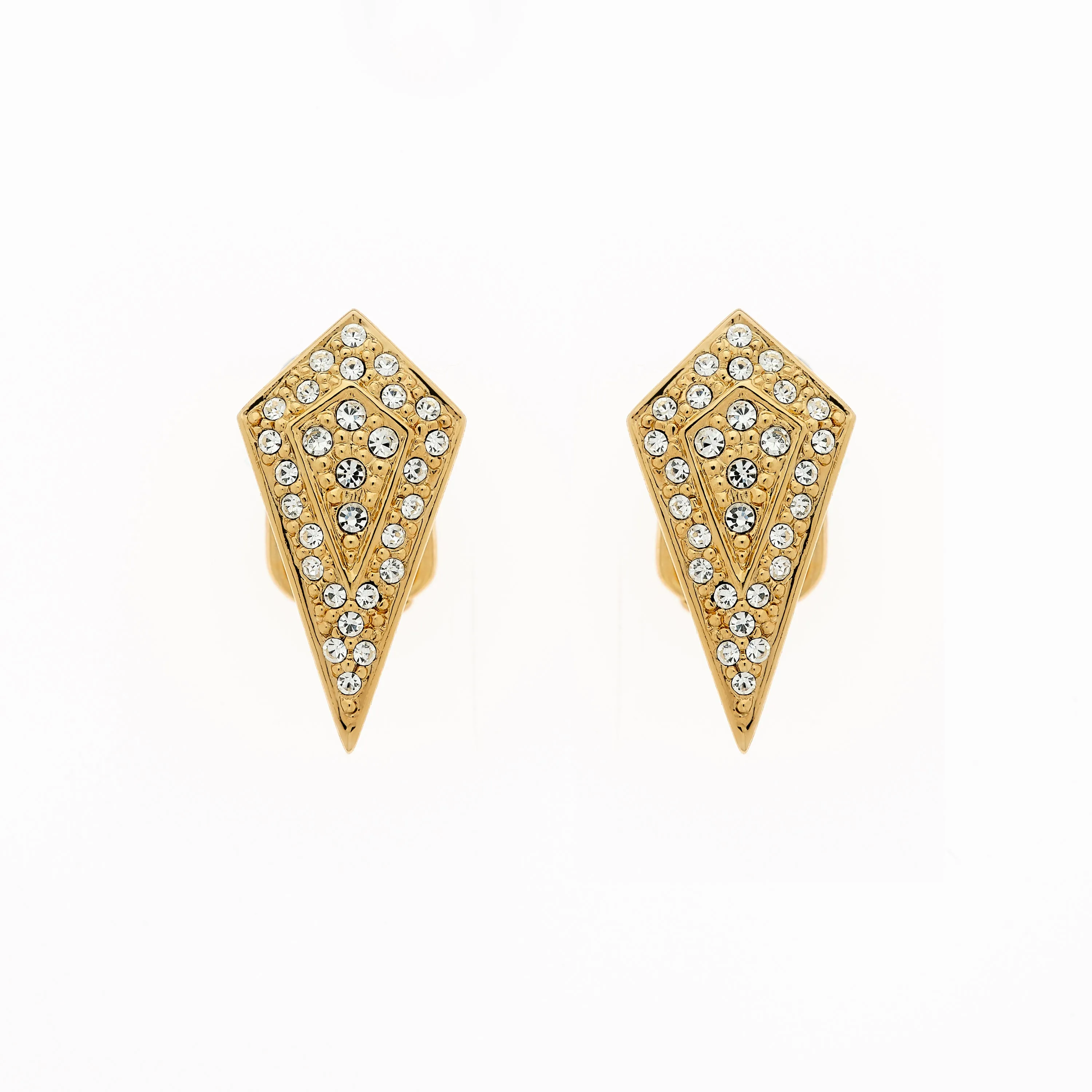 Gold Pave Crystal Art Deco Clip Earrings