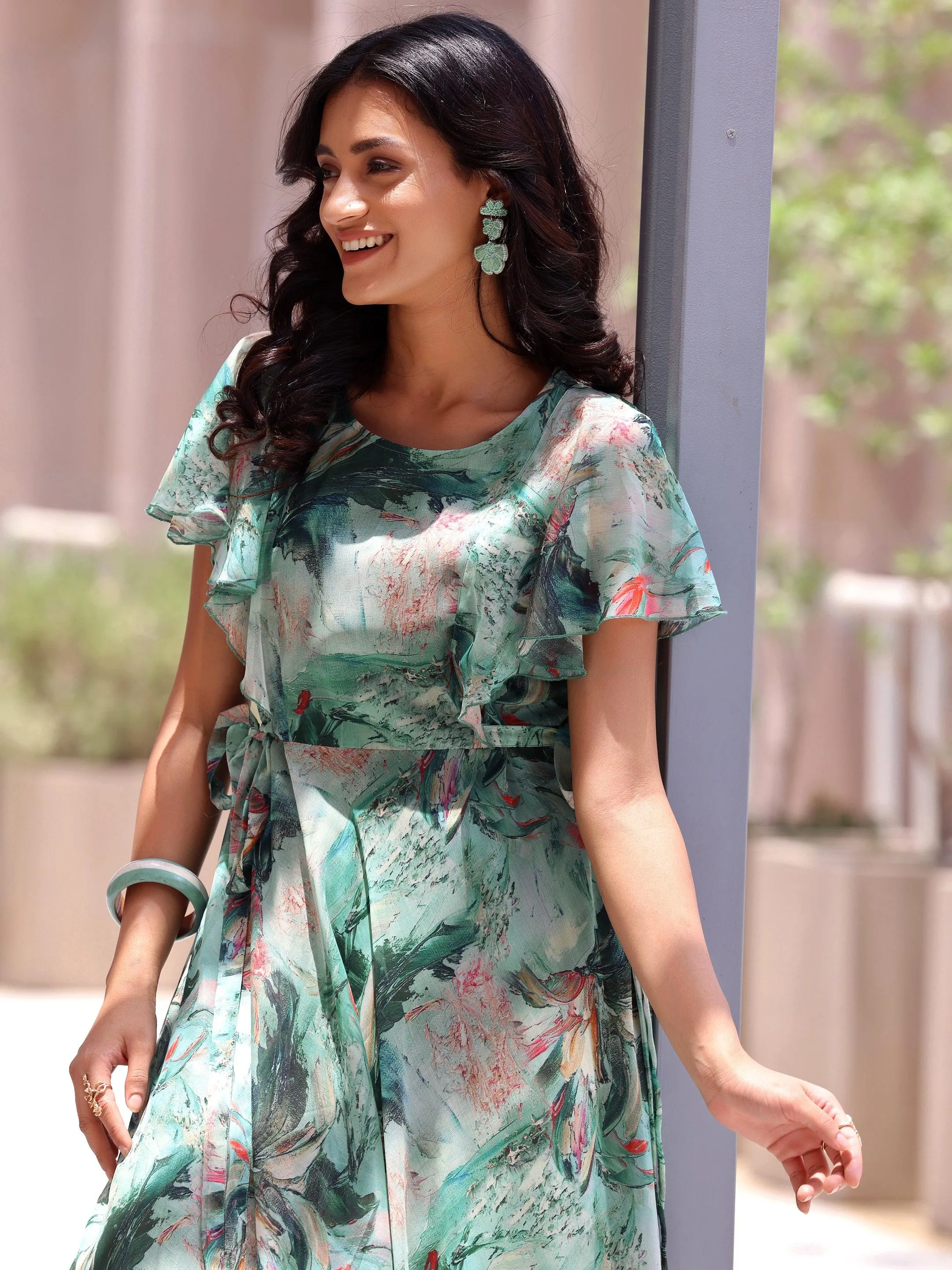 Green Printed Chiffon A-Line Dress With Belt