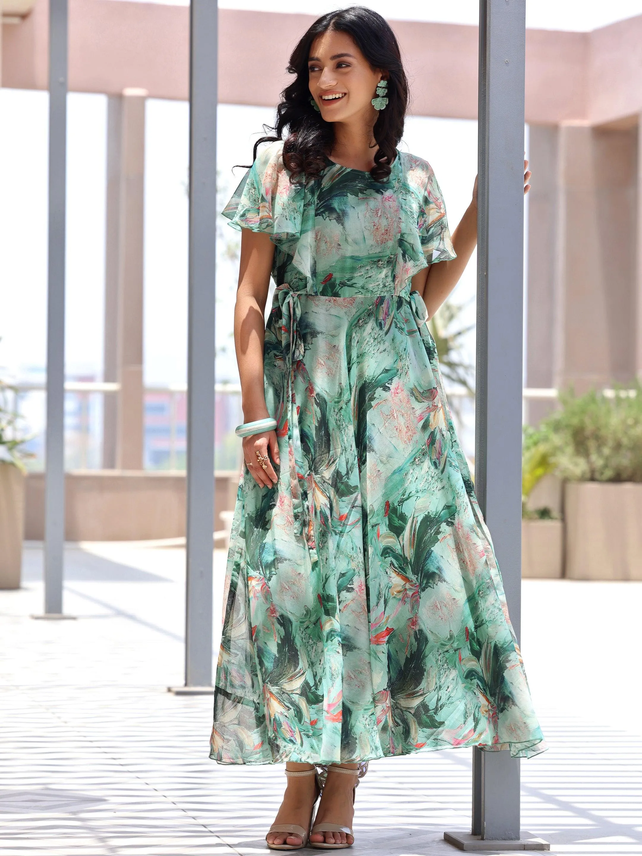 Green Printed Chiffon A-Line Dress With Belt