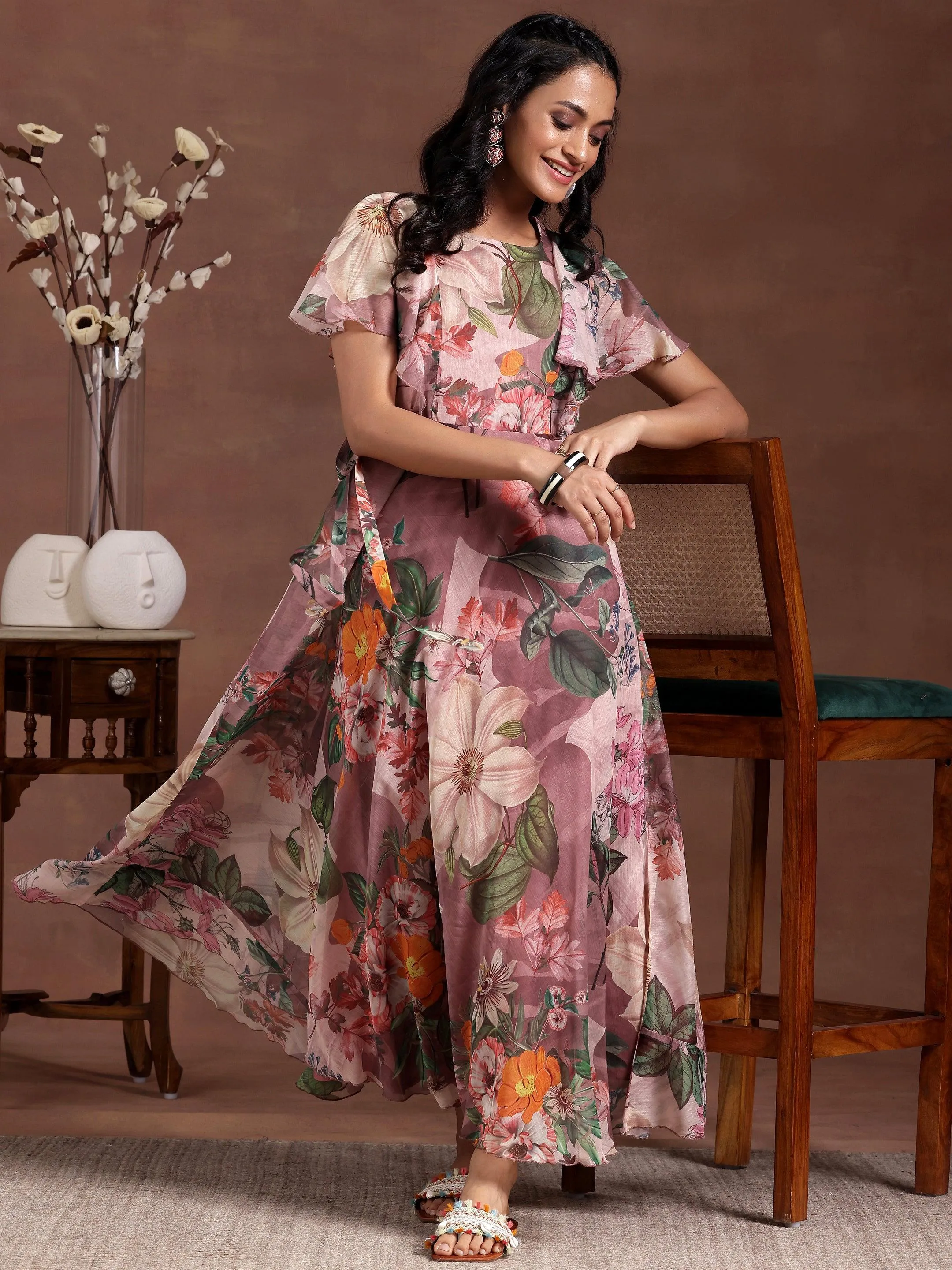 Mauve Printed Chiffon A-Line Dress With Belt