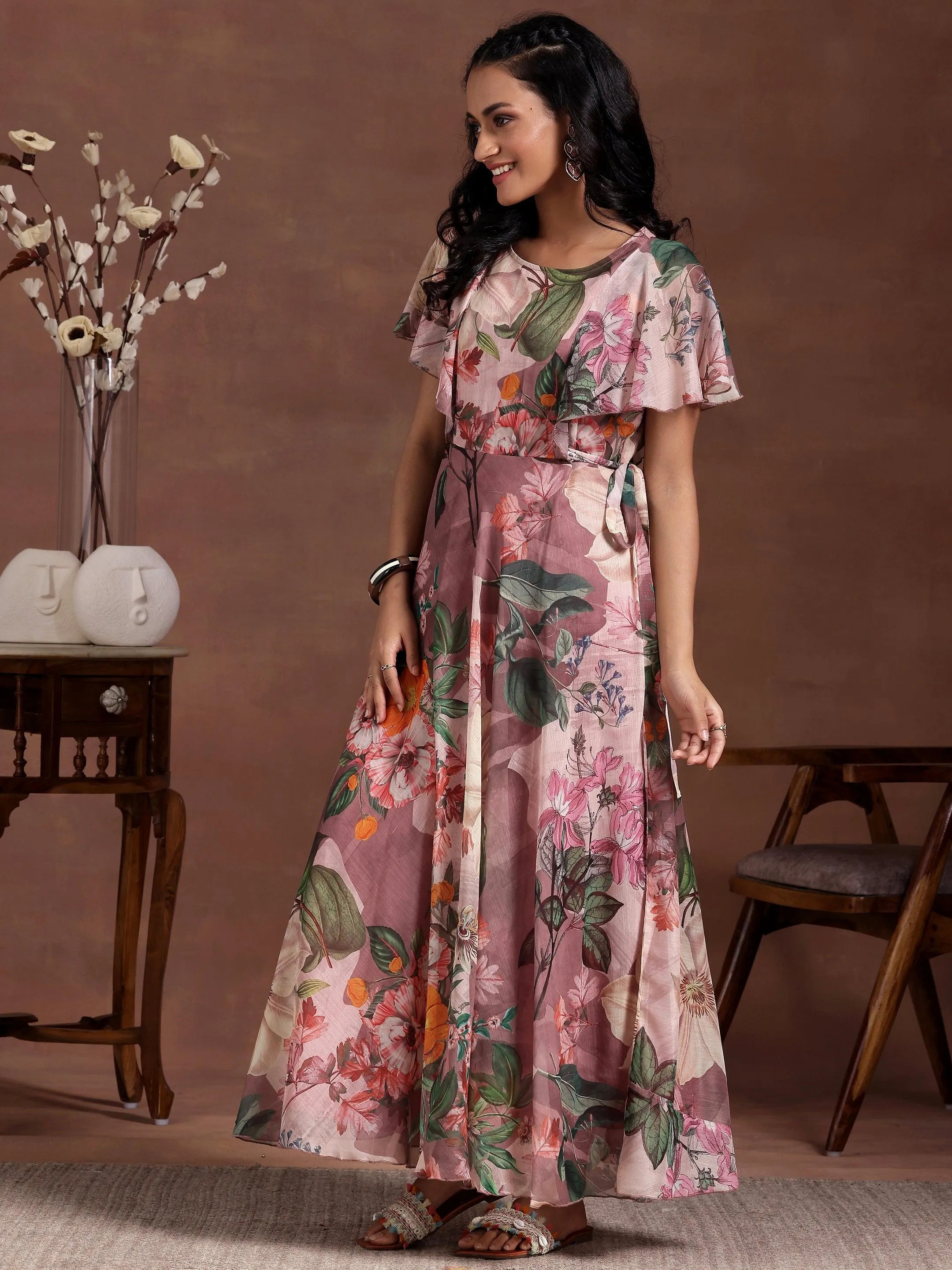 Mauve Printed Chiffon A-Line Dress With Belt