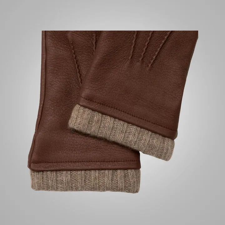 Men's Brown Deerskin Leather Gloves with Cashmere Lining