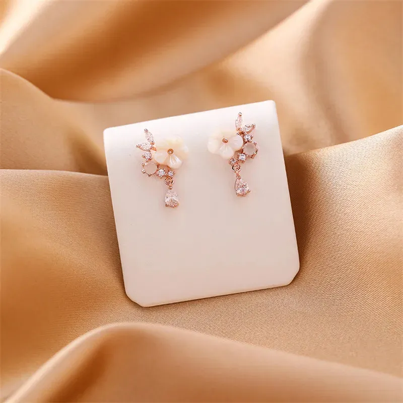 Micro-Inlaid Shell Flower Crystal Water Drops Earrings