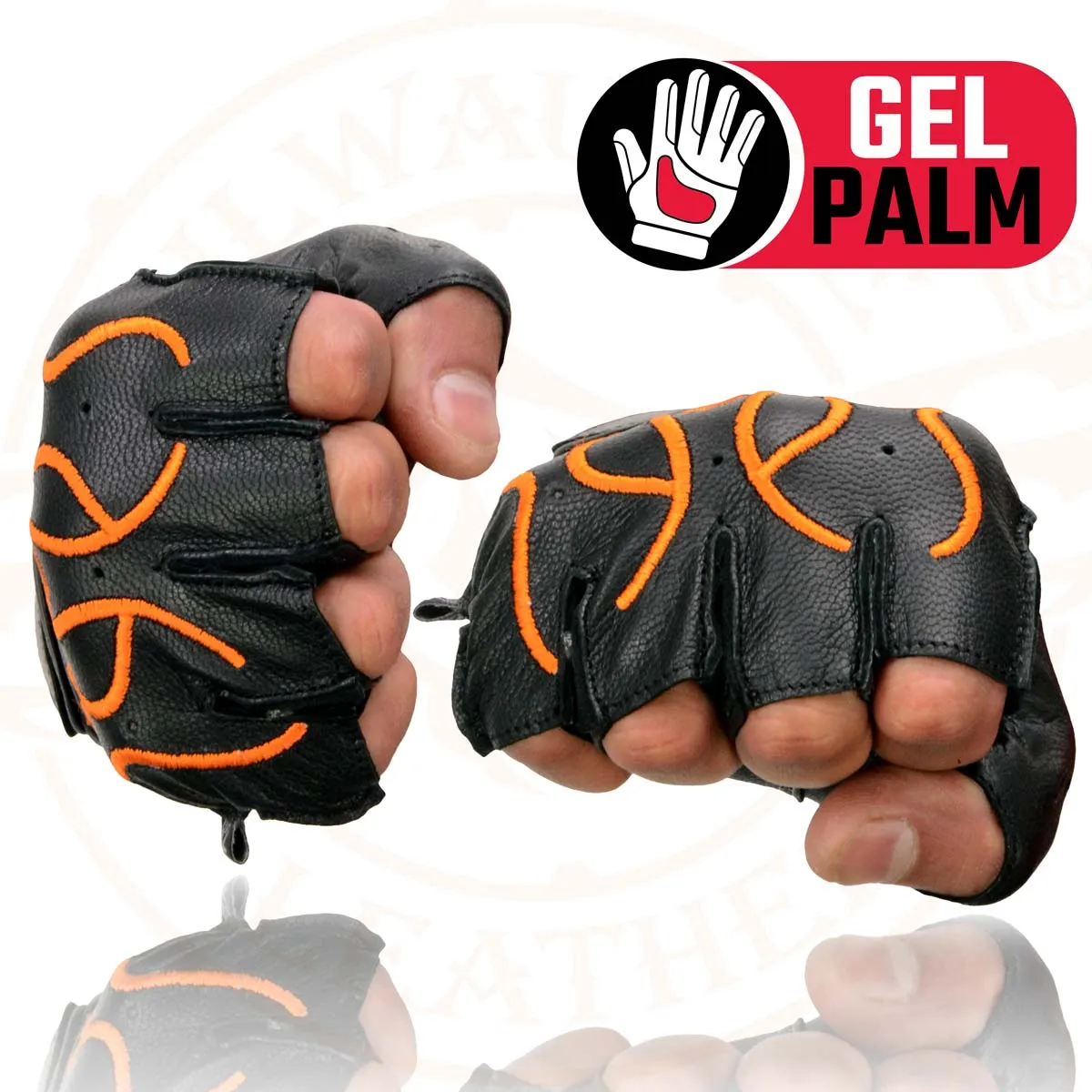 Milwaukee Leather SH198 Men's Black Leather Gel Padded Palm Fingerless Motorcycle Hand Gloves W/ ‘Orange Flame Embroidered’