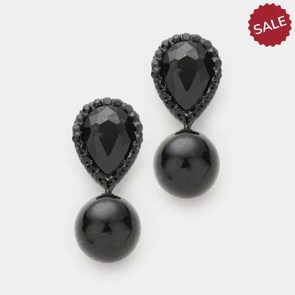 Miro Black Crystal Teardrop & Pearl Earrings