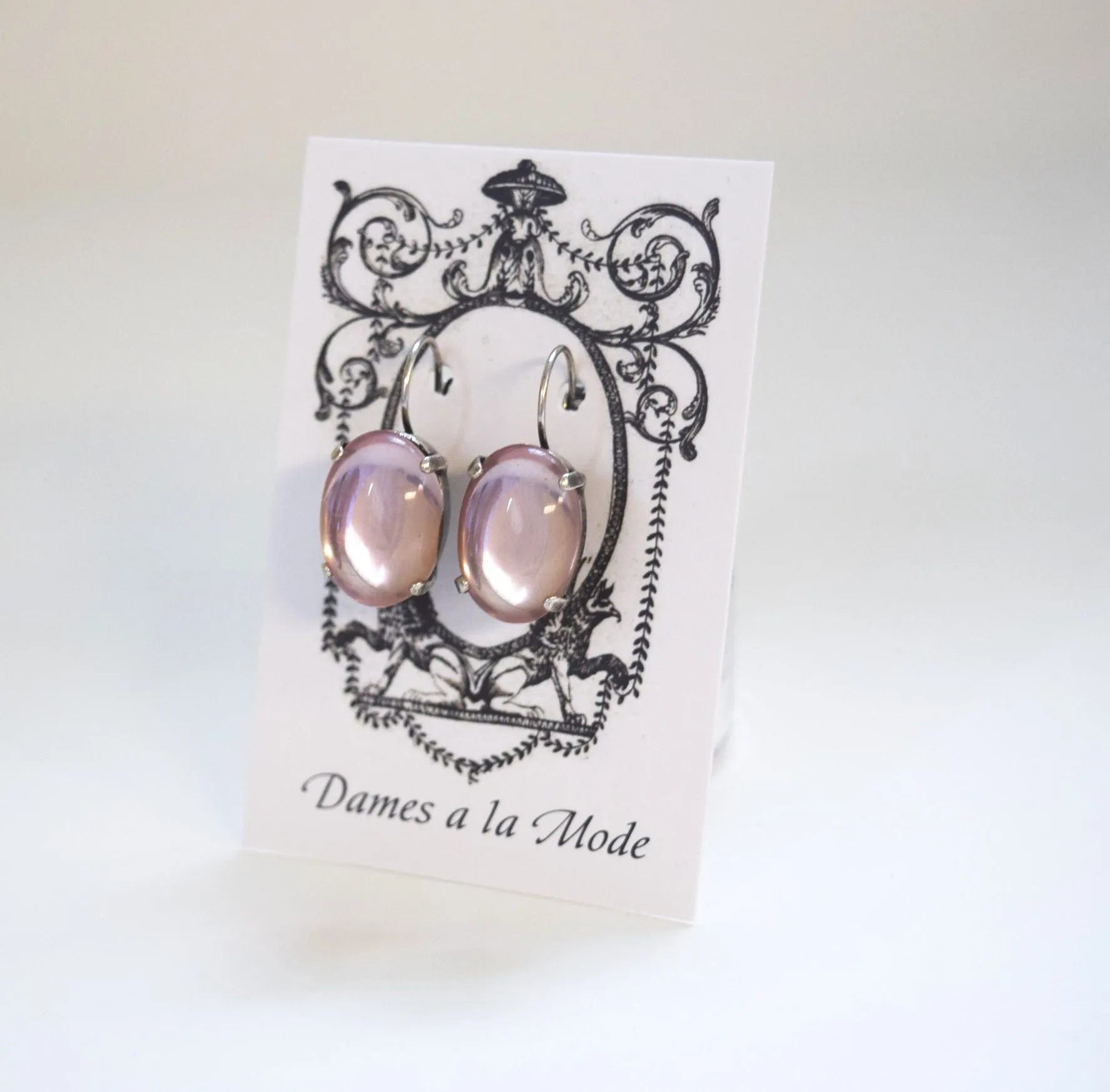 Pale Pink Crystal Mirror Earrings - Large Oval