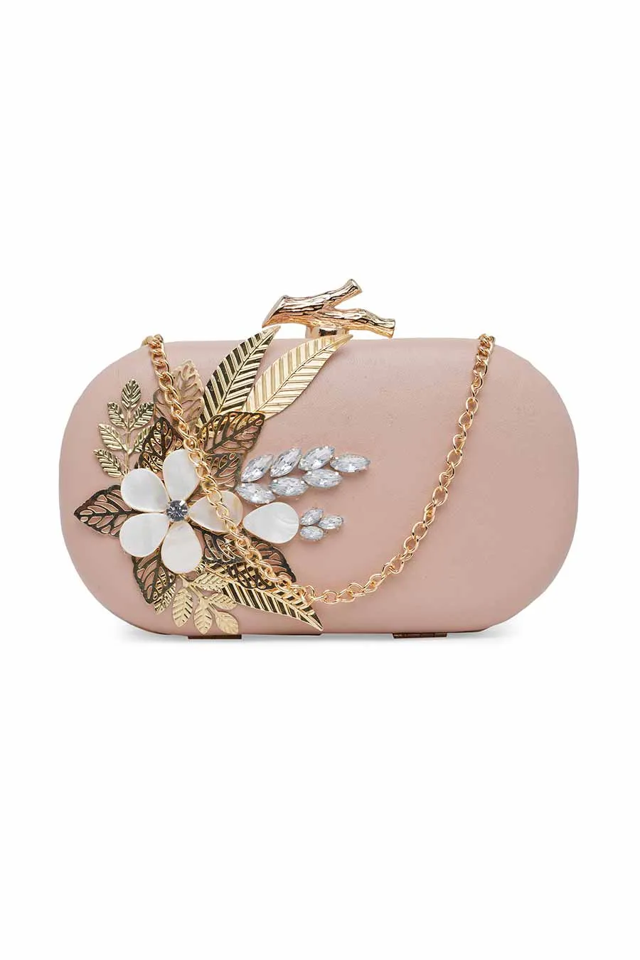 Pink & Gold Embellished Leather Clutch