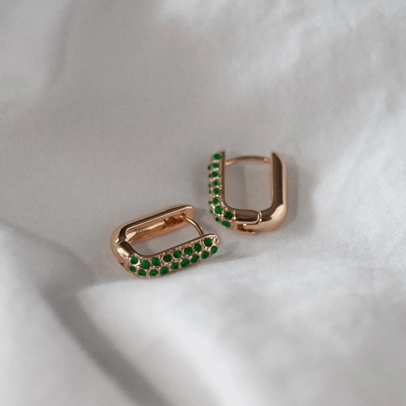 Rectangular Green Crystal Hoop Earring Gold