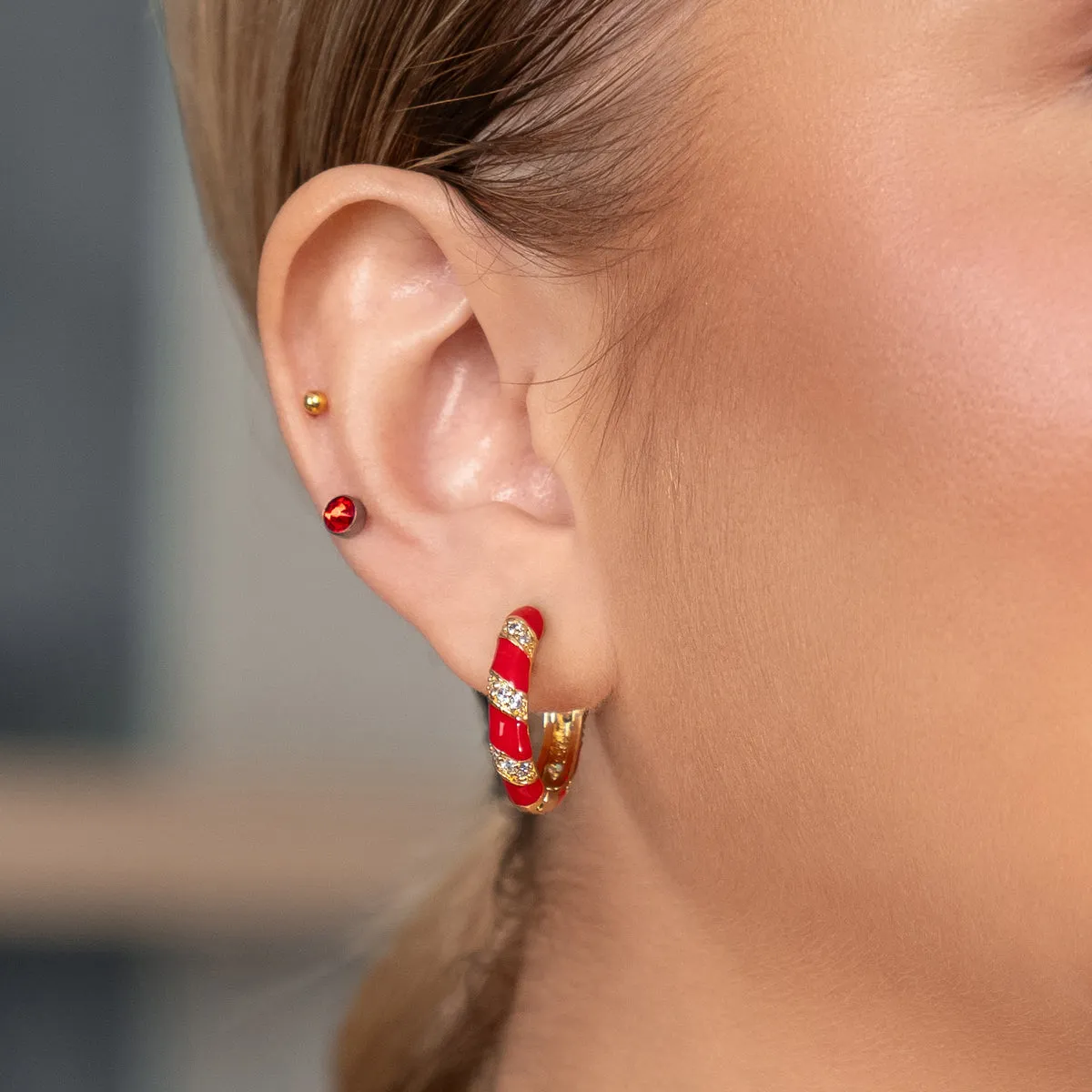 Red & Crystal Enamel Huggie Hoops