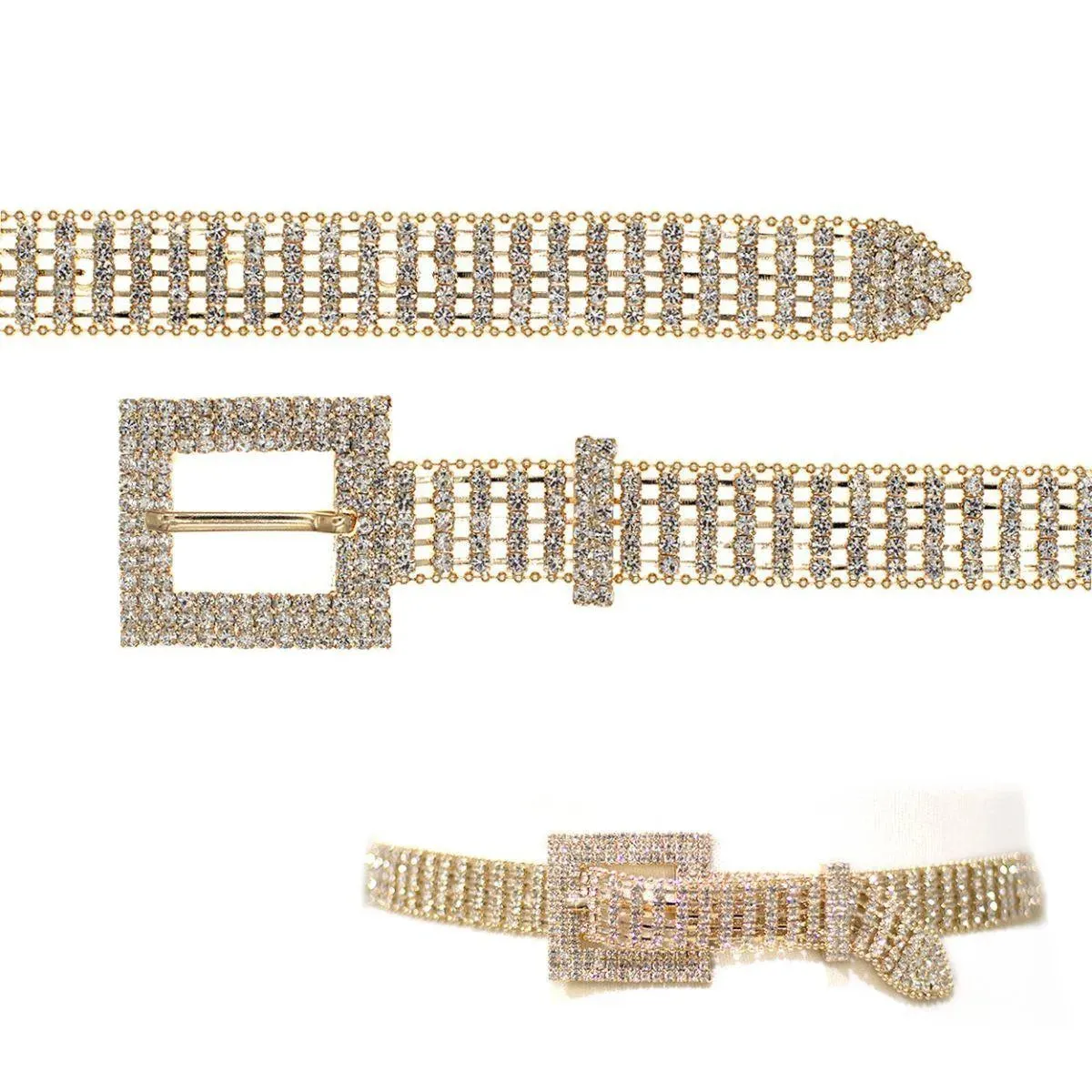 Rhinestone Buckle Ball Chain Belt Gold Plated