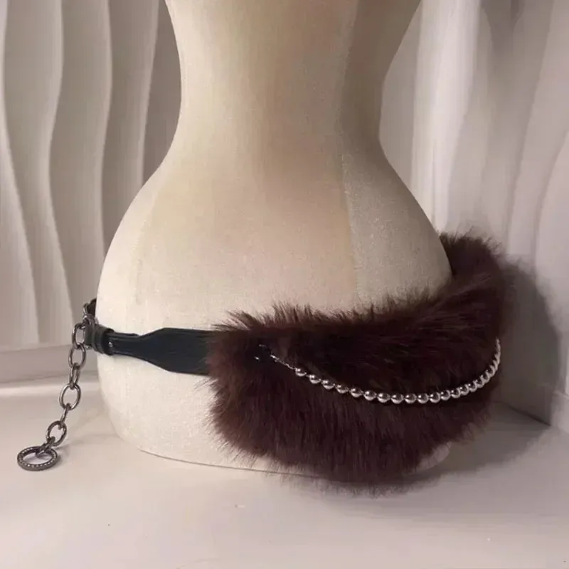 Riri Retro Rabbit Fur Belt Y2K Metal Bead Chain Plush Waist Faux Fur Vintage Waistband Punk Belt