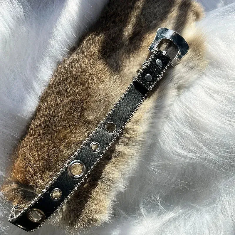 Riri Retro Rabbit Fur Belt Y2K Metal Bead Chain Plush Waist Faux Fur Vintage Waistband Punk Belt